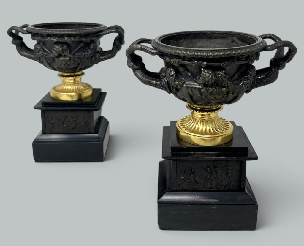 127. Antique Pair French Ormolu Bronze Warwick Albani Grand Tour Vases Urns Clodion