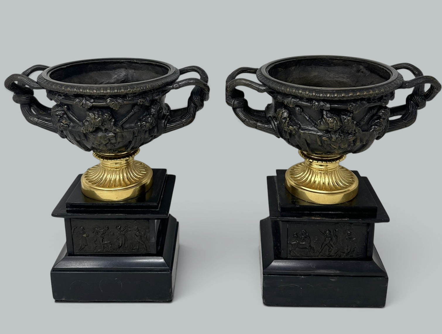 127. Antique Pair French Ormolu Bronze Warwick Albani Grand Tour Vases Urns Clodion - Image 3