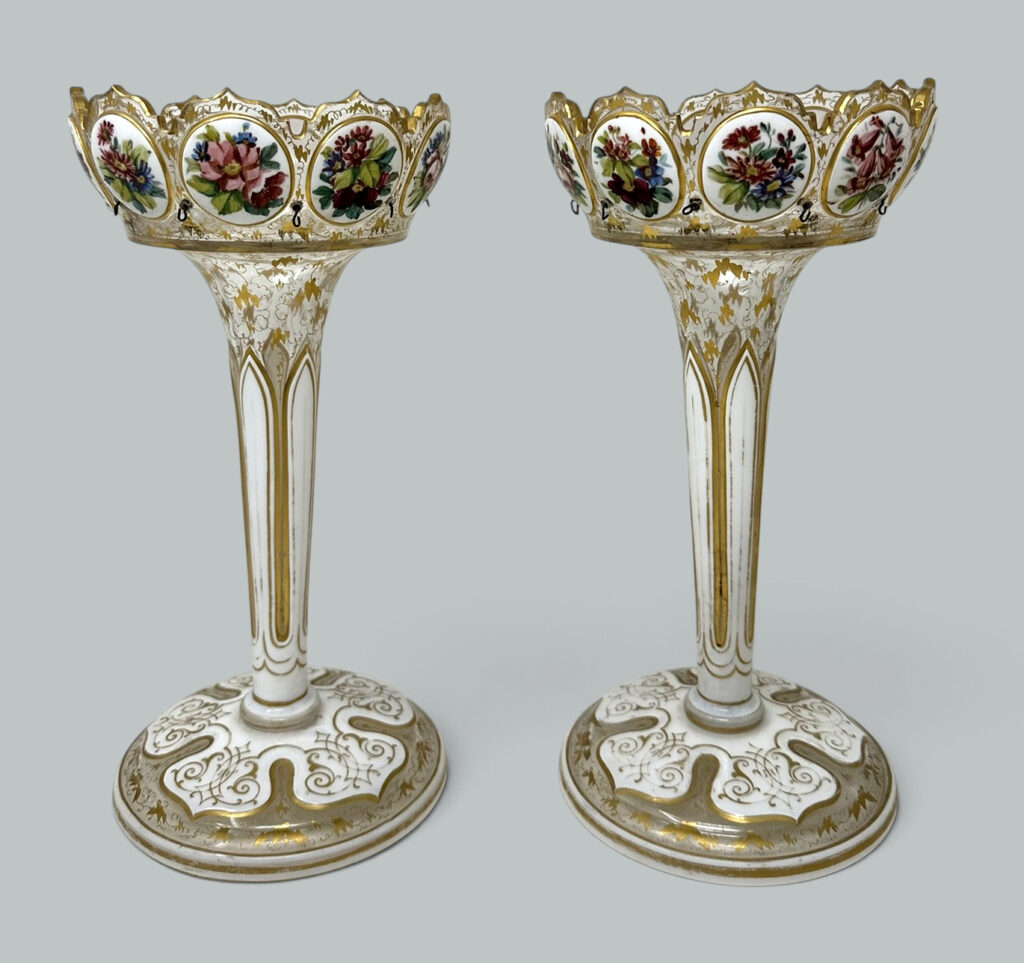 947. Antique Crystal Glass Bohemian Enamel Pair Overlaid Lusters Candlesticks 19thCt