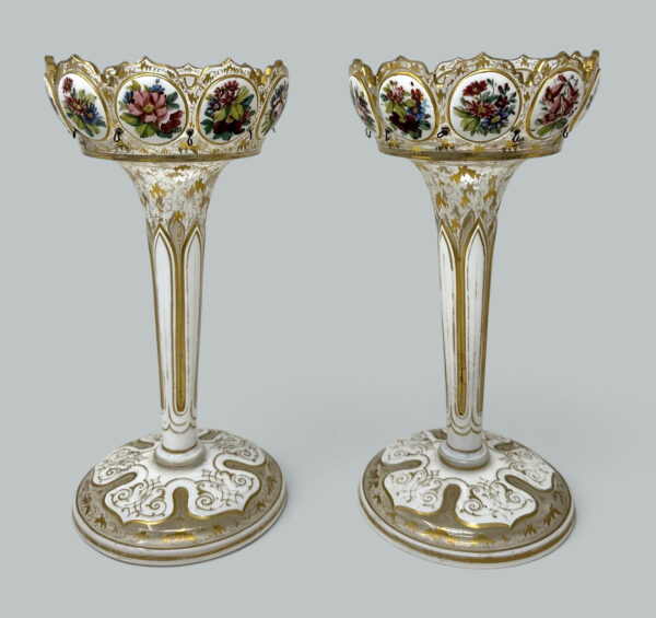 947. Antique Crystal Glass Bohemian Enamel Pair Overlaid Lusters Candlesticks 19thCt