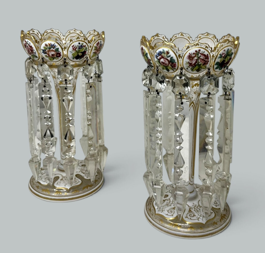 947. Antique Crystal Glass Bohemian Enamel Pair Overlaid Lusters Candlesticks 19thCt