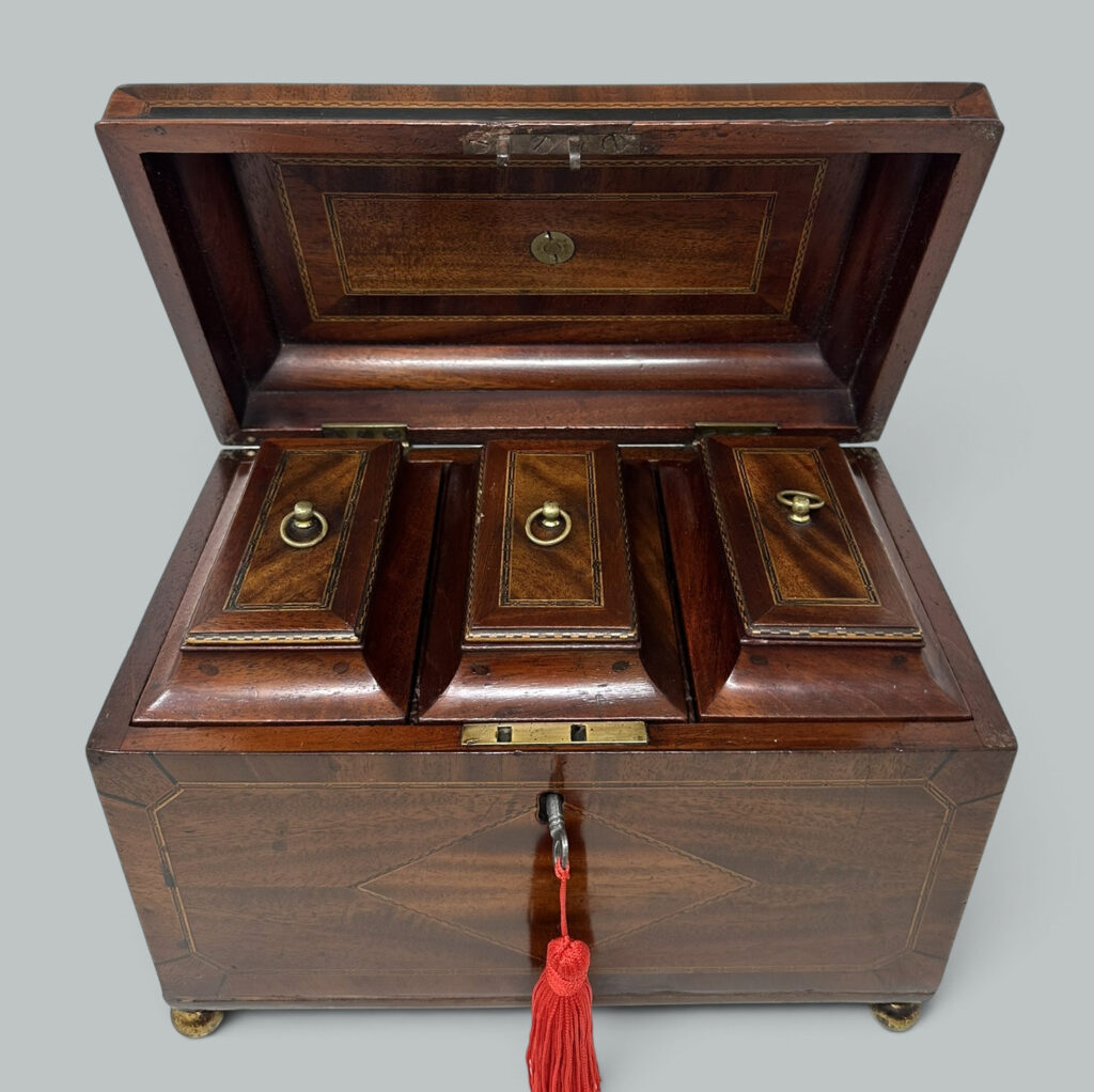 127. Antique English Wooden Georgian Chippendale Triple Tea Caddy 18C Irish Provenance