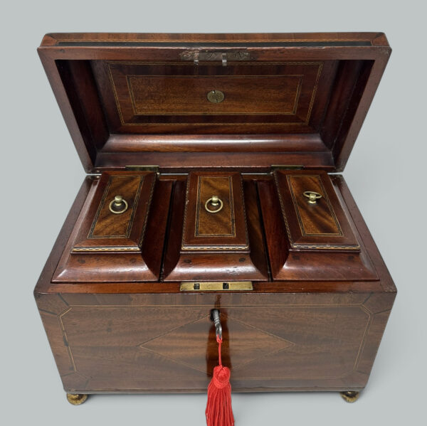 127. Antique English Wooden Georgian Chippendale Triple Tea Caddy 18C Irish Provenance