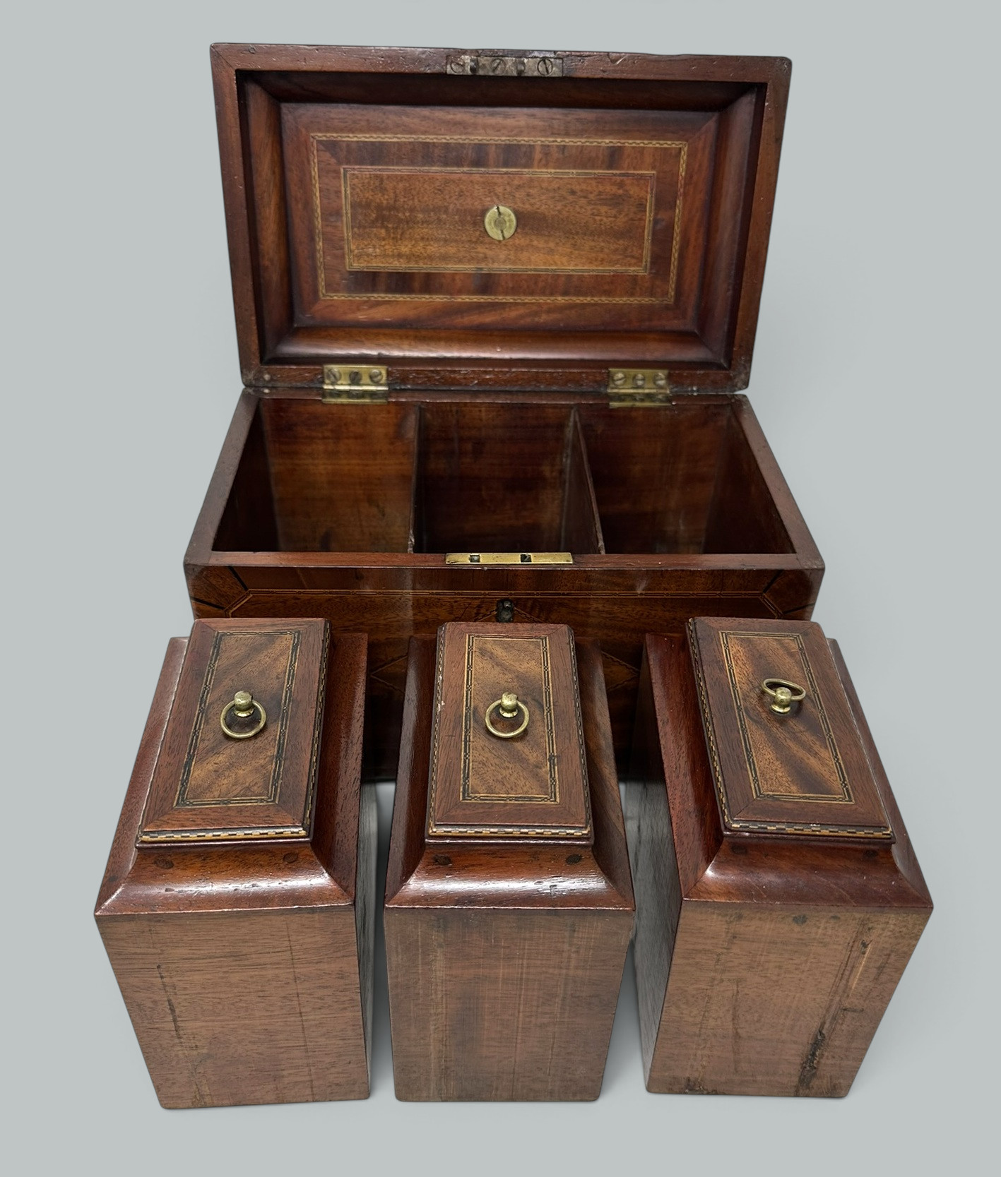 127. Antique English Wooden Georgian Chippendale Triple Tea Caddy 18C Irish Provenance - Image 4