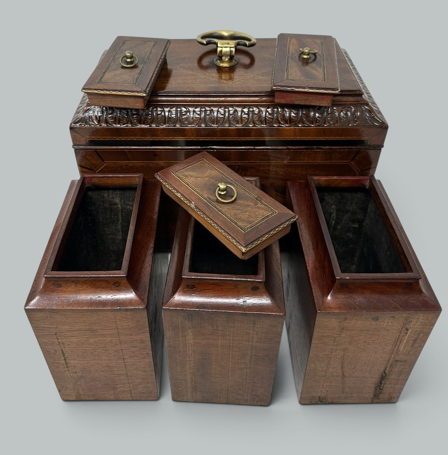 127. Antique English Wooden Georgian Chippendale Triple Tea Caddy 18C Irish Provenance - Image 5
