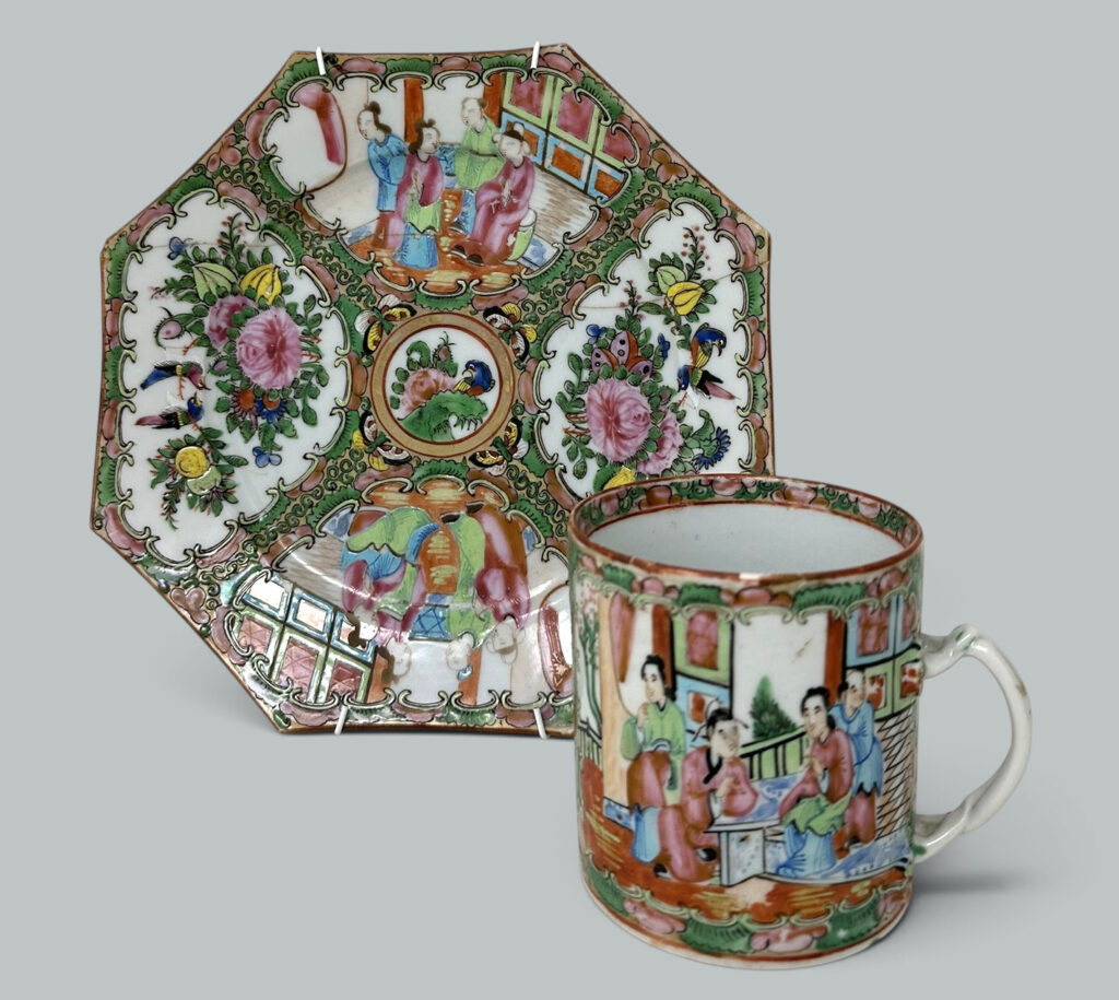 636. Antique Chinese Famille Rose Vert Porcelain Octagonal Hand Painted Plate Mug 19