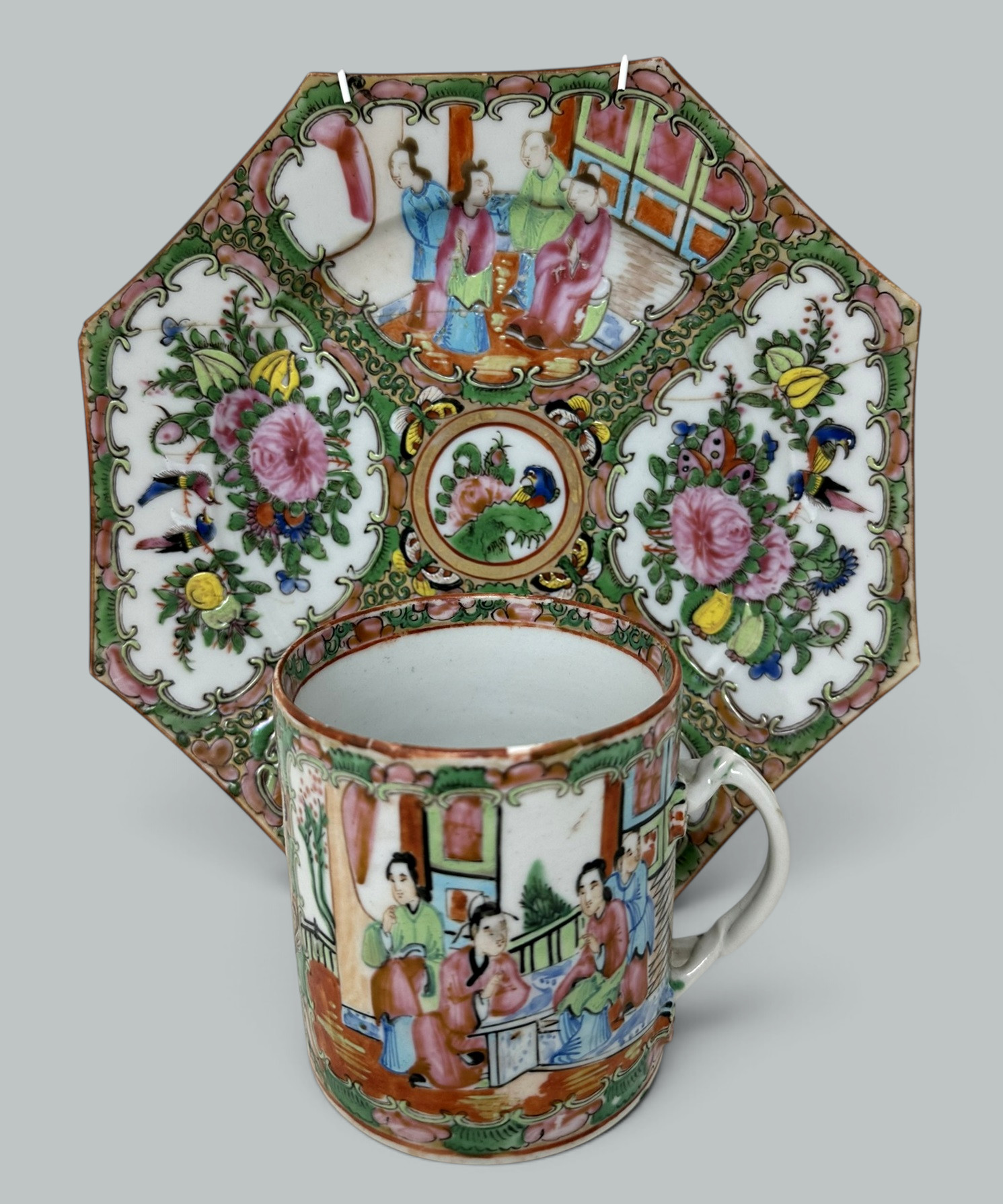 636. Antique Chinese Famille Rose Vert Porcelain Octagonal Hand Painted Plate Mug 19 - Image 3
