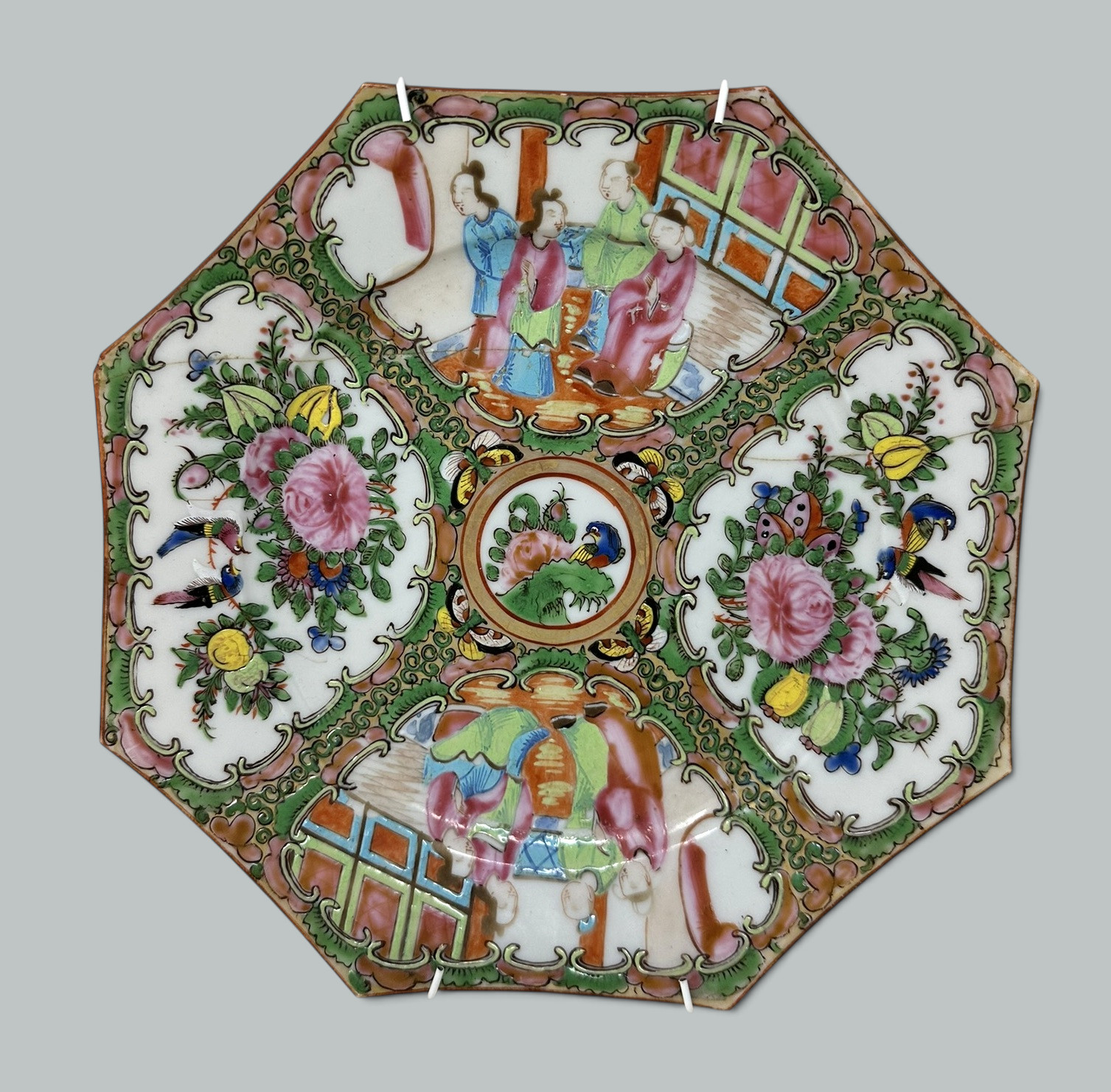 636. Antique Chinese Famille Rose Vert Porcelain Octagonal Hand Painted Plate Mug 19 - Image 4