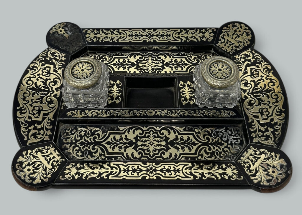 166. Antique Grand Tour Mahogany Boulle Work Brass Inlaid Desk Set Inkstand Regency