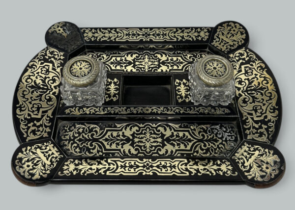 166. Antique Grand Tour Mahogany Boulle Work Brass Inlaid Desk Set Inkstand Regency