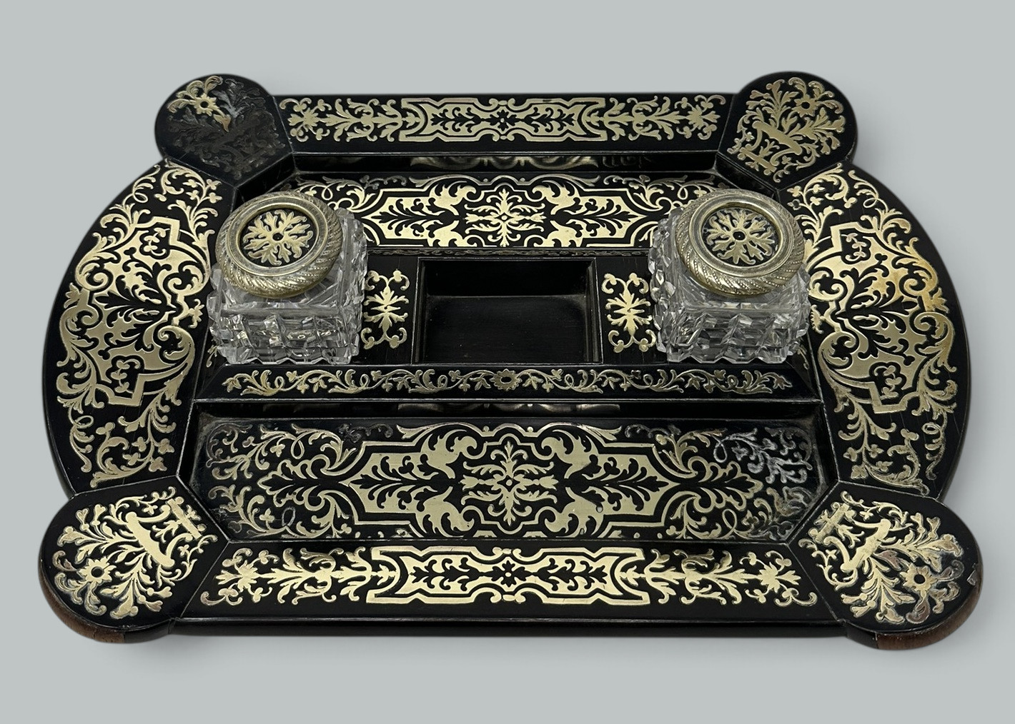 166. Antique Grand Tour Mahogany Boulle Work Brass Inlaid Desk Set Inkstand Regency