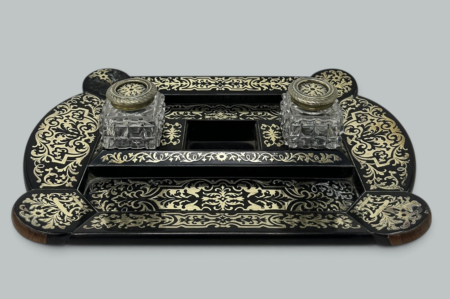 166. Antique Grand Tour Mahogany Boulle Work Brass Inlaid Desk Set Inkstand Regency - Image 3
