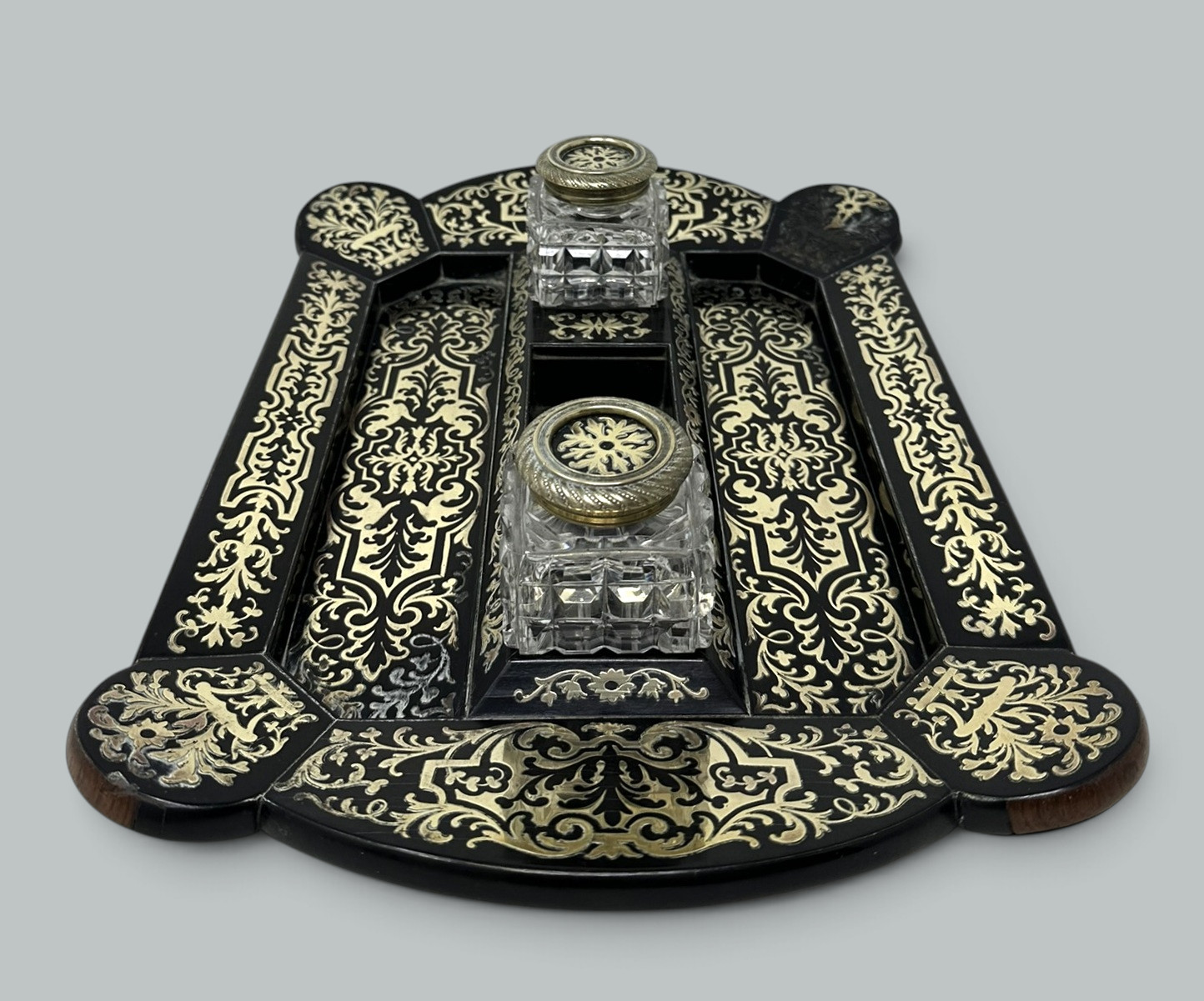 166. Antique Grand Tour Mahogany Boulle Work Brass Inlaid Desk Set Inkstand Regency - Image 5