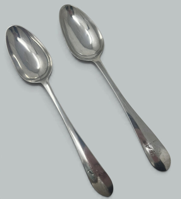 334. Antique Pair Irish Dublin Sterling Silver Serving Gravy Spoons John Pittar 1780