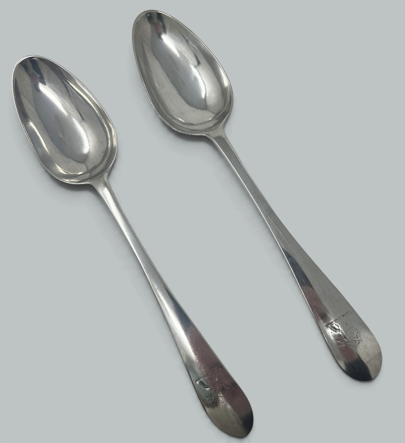 334. Antique Pair Irish Dublin Sterling Silver Serving Gravy Spoons John Pittar 1780