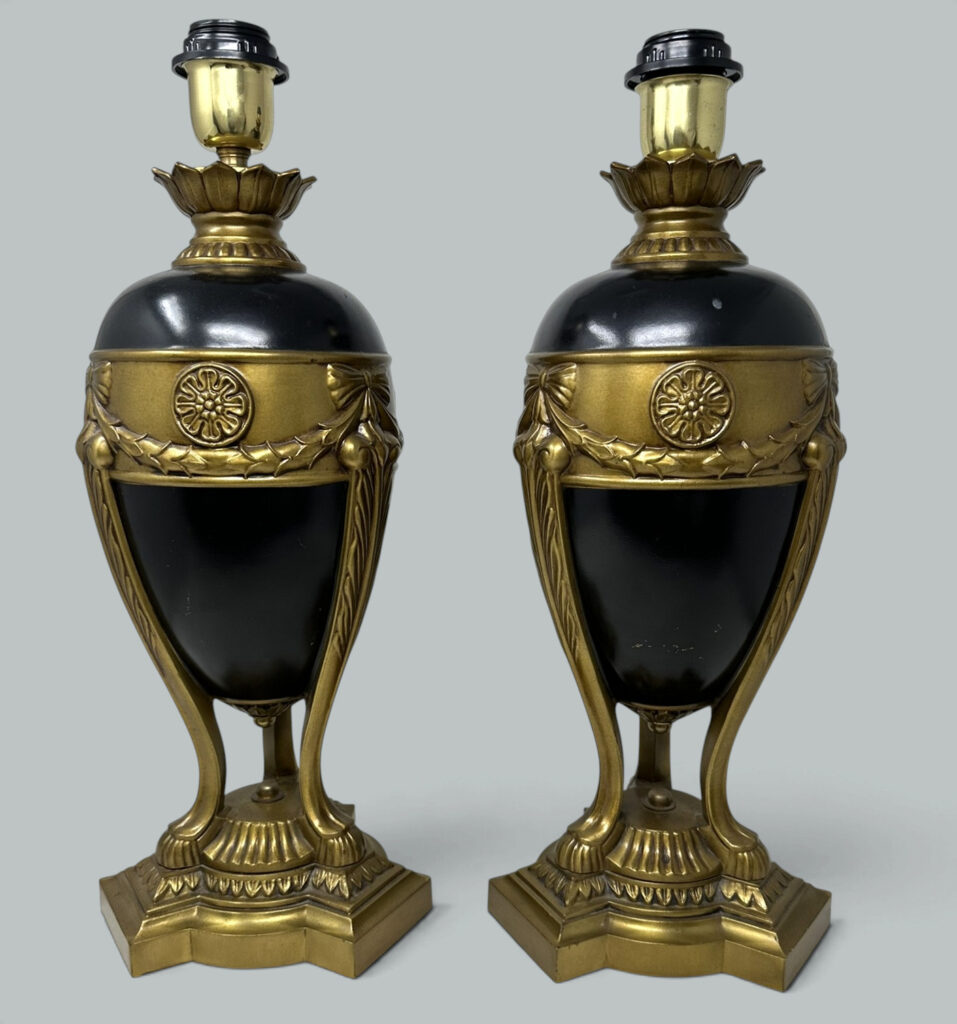 976. Antique Vintage Pair Cobalt Blue Gold Bronzed Porcelain Electric Table Lamps