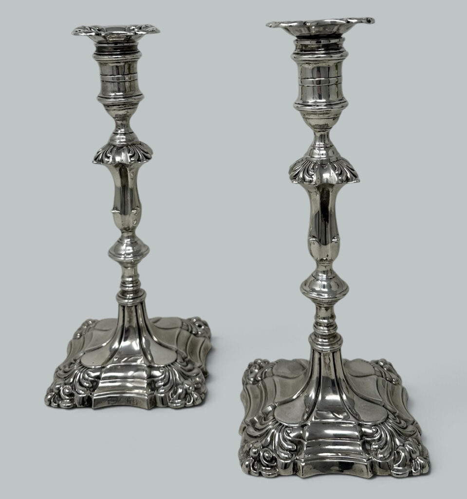542. Antique Pair English Sterling Silver Candlesticks Candelabra Adams Style 1899