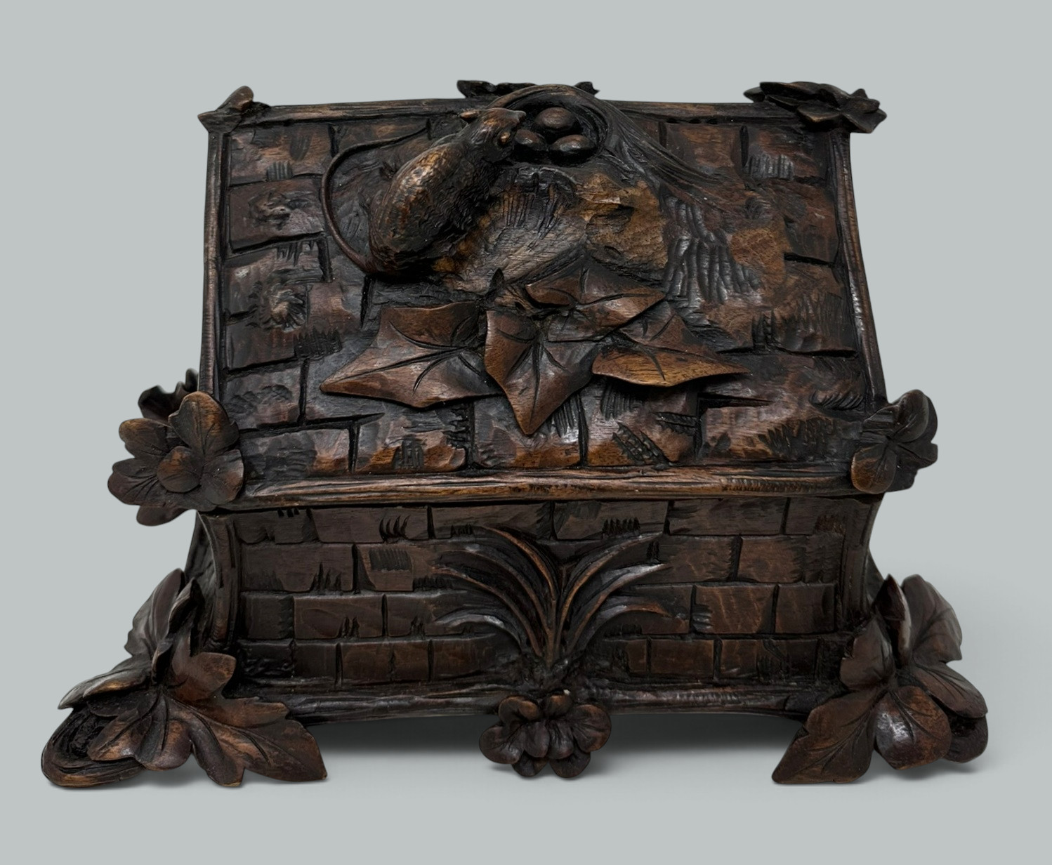 607. Antique Vintage Ladys Black Forest German Wooden Jewelry Box Casket Rodent 19Ct - Image 7
